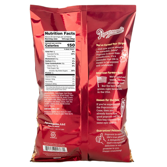 Bag of Popcornopolis Zebra Popcorn, 24 oz, showing caramel corn with chocolate-flavored stripes in red branded packaging