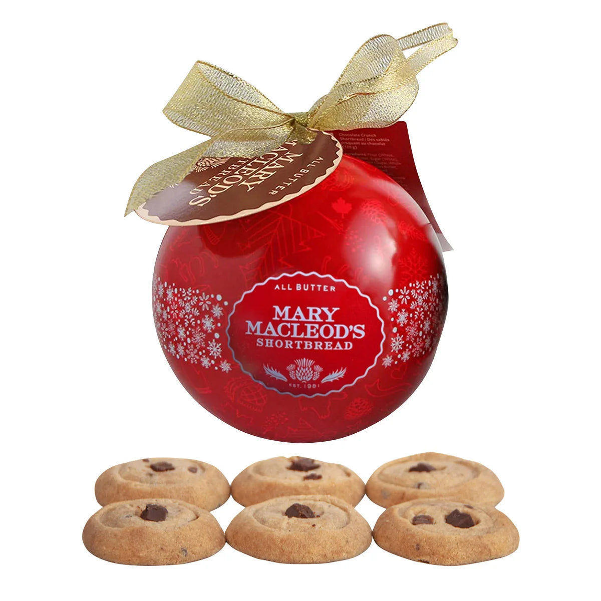 Mary Macleod's Holiday Ornament Tin of Chocolate Crunch Shortbread Cookies, 12-pack