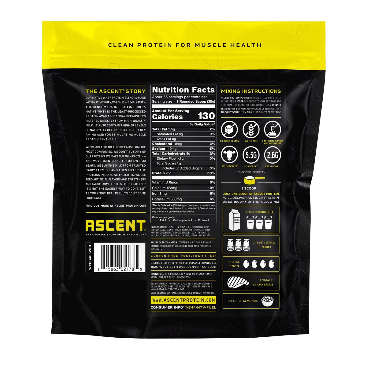 Ascent 100% Whey, Native Whey Protein Blend, Chocolate Peanut Butter, 4.25 lbs