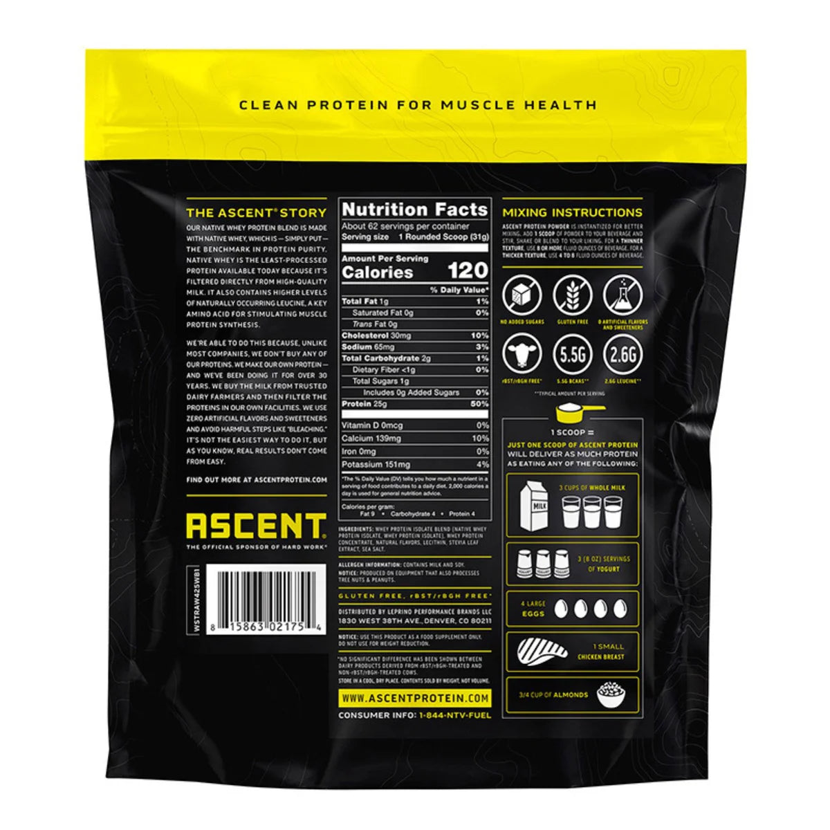 Ascent 100% Whey, Native Whey Protein Blend, Strawberry, 4.25 lbs