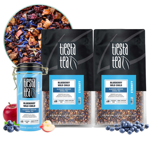 Tiesta Tea Blueberry Wild Child Herbal Tea Bundle, Two 1 lb. Bags & 5.5 oz Tin