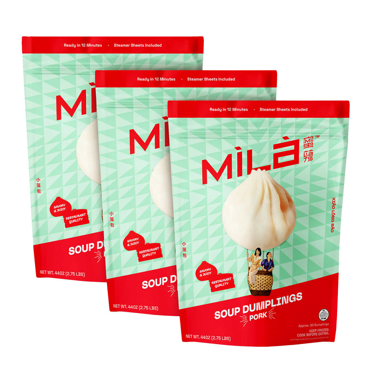 Mila Pork Xiao Long Bao Soup Dumplings - 50 Dumplings Per Bag, 3 Bags Total