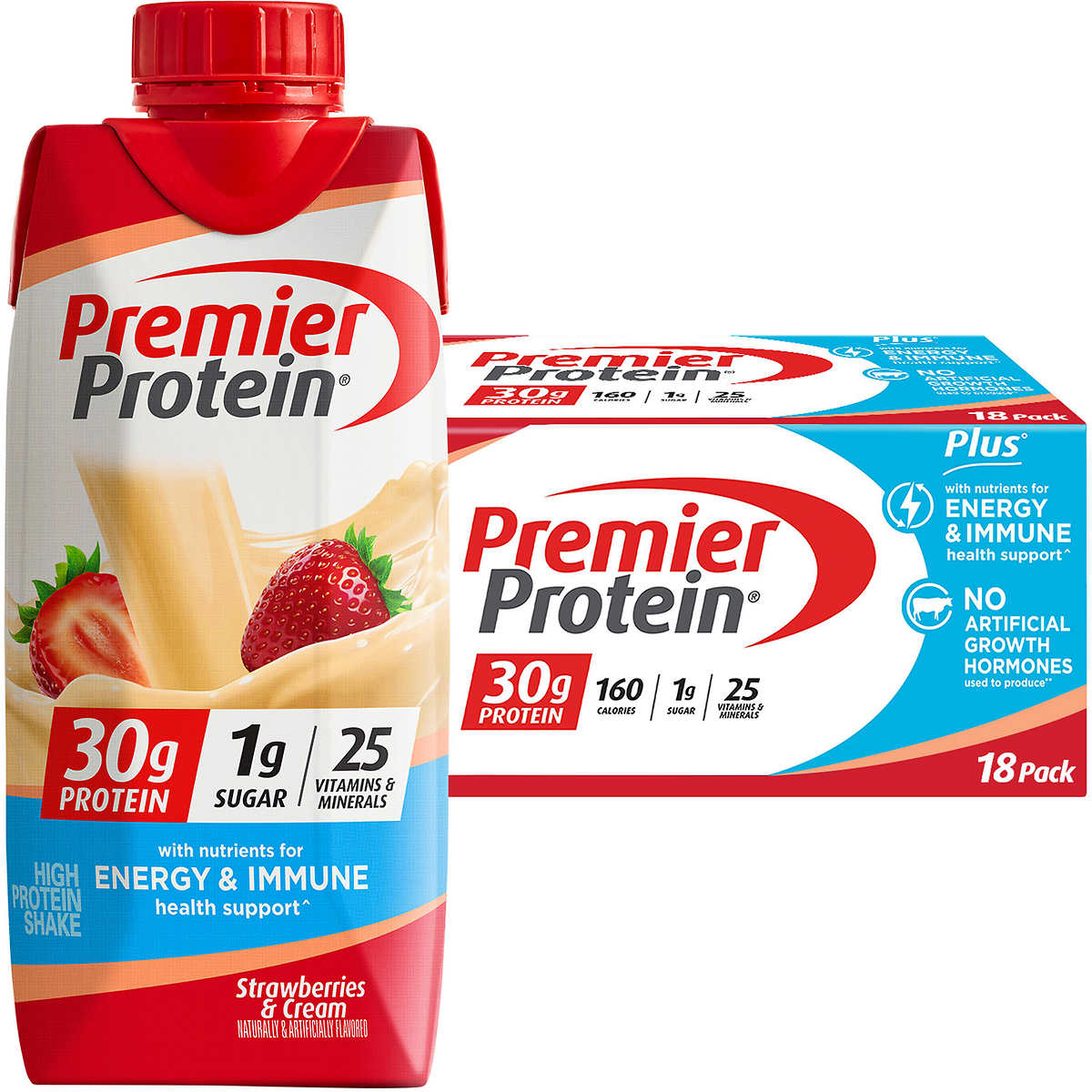 Premier 30g Protein PLUS Energy and Immune Support Shakes, Strawberries & Cream, 11 fl oz, 18-pack