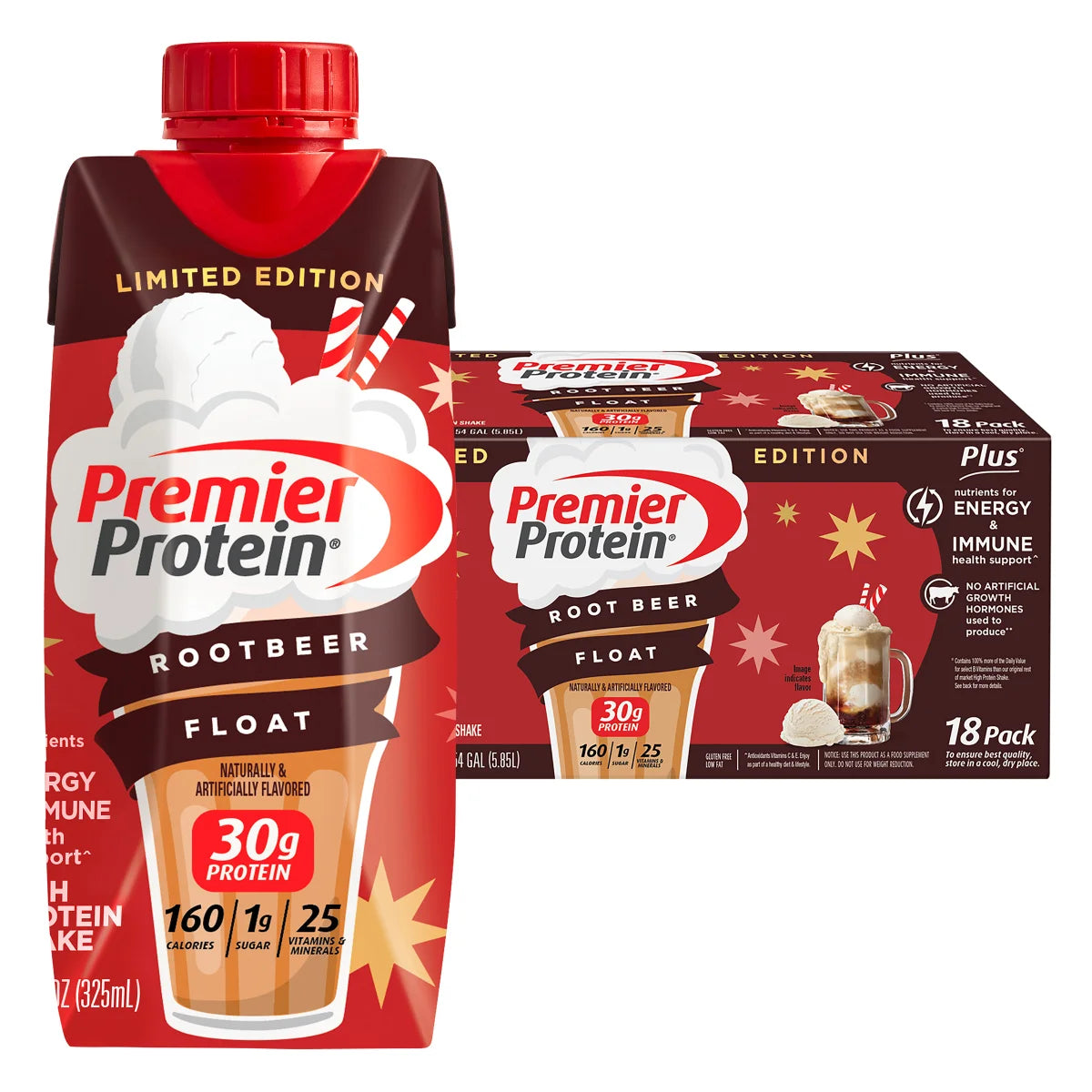 Premier 30g Protein PLUS Energy and Immune Support Shakes, Root Beer Float, 11 fl oz, 18-pack