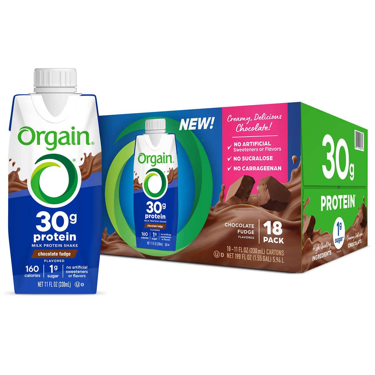 Orgain 30g Milk Protein Shake, Chocolate Fudge, 11 fl oz, 18-pack