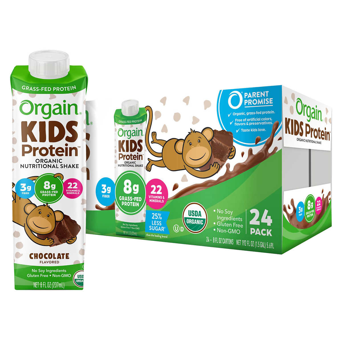 Orgain USDA Organic Kids Nutritional Protein Shake, Chocolate, 8 fl oz, 24-pack