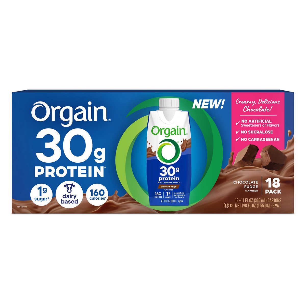 Orgain 30g Milk Protein Shake, Chocolate Fudge, 11 fl oz, 18-pack