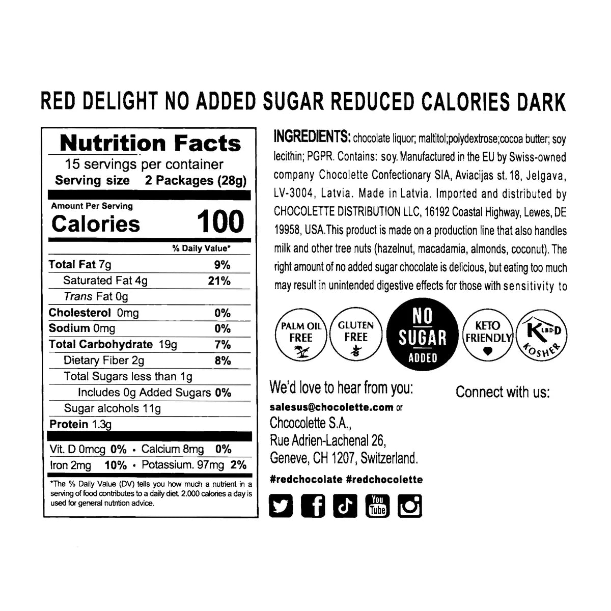 RED Delight Vegan Dark Chocolate Bars 30 - 14 Gr. Snack Size Bars Per Bag, 2-pack