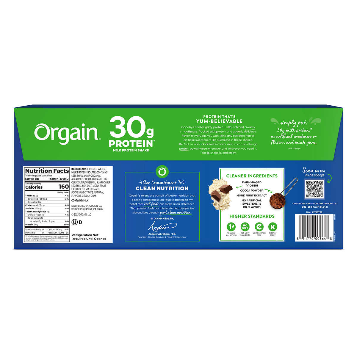 Orgain 30g Milk Protein Shake, Chocolate Fudge, 11 fl oz, 18-pack