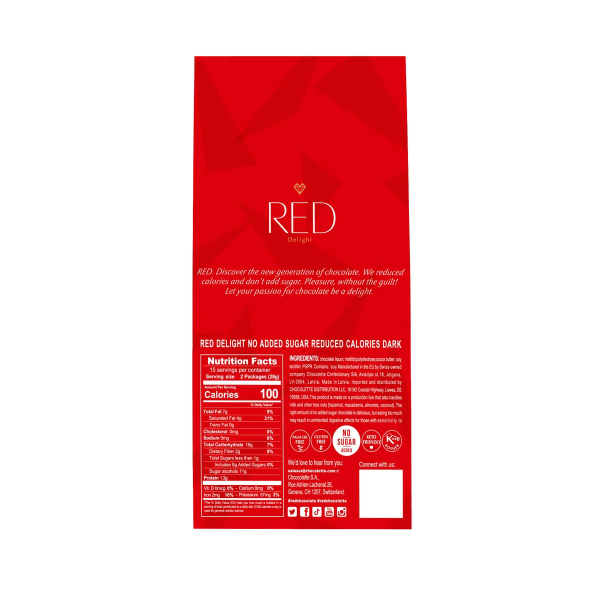 RED Delight Vegan Dark Chocolate Bars 30 - 14 Gr. Snack Size Bars Per Bag, 2-pack