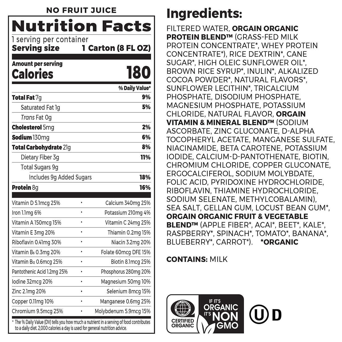 Orgain USDA Organic Kids Nutritional Protein Shake, Chocolate, 8 fl oz, 24-pack