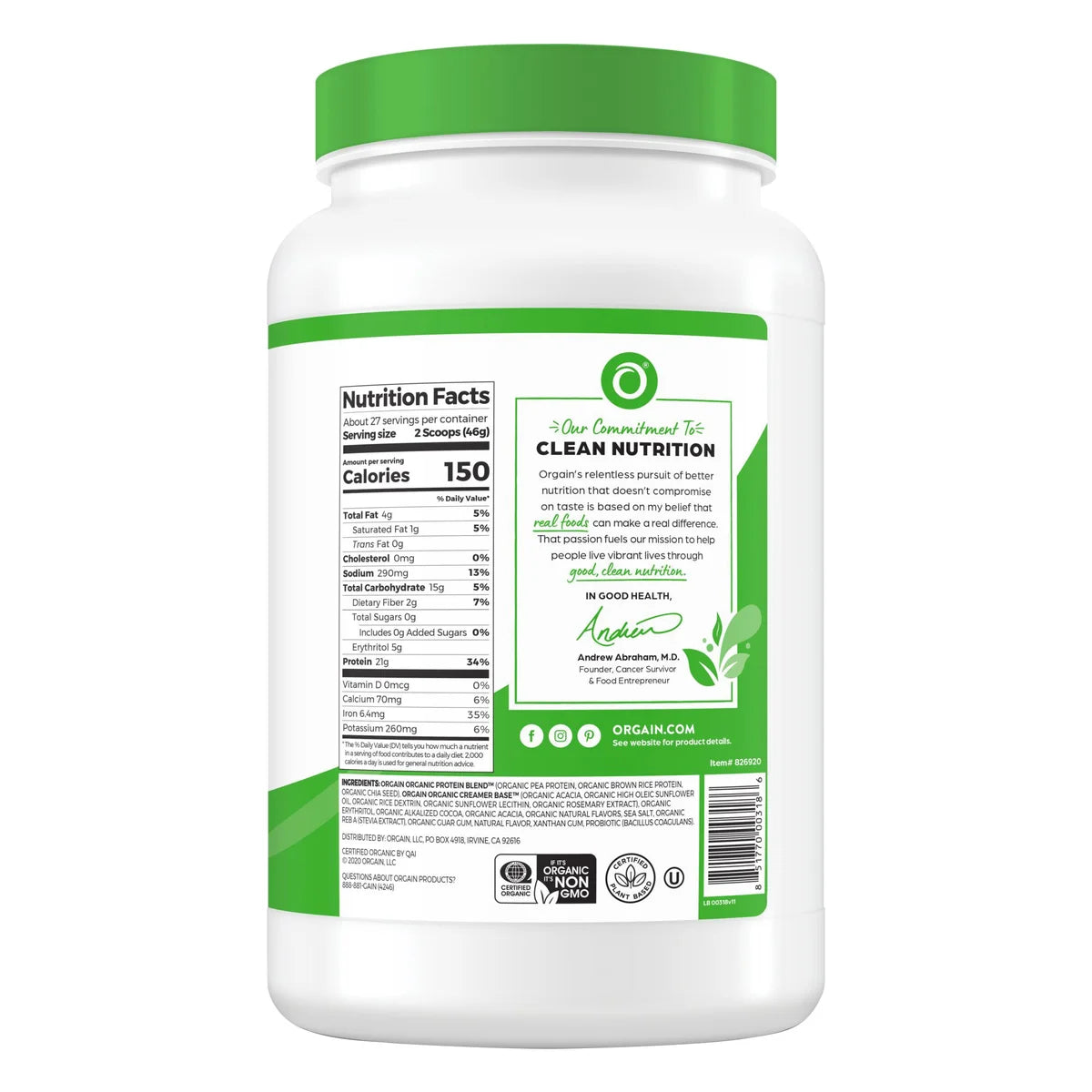 Orgain USDA Organic Plant Protein Powder, 2.74 lbs