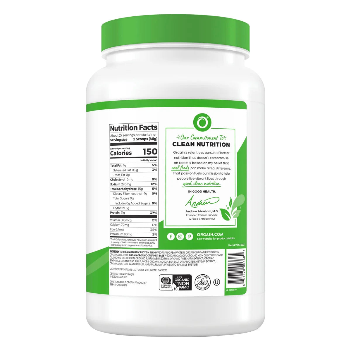 Orgain USDA Organic Plant Protein Powder, 2.74 lbs